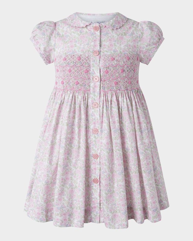 Girl's Ditsy Floral-Print Smocked Dress, Size 2-10